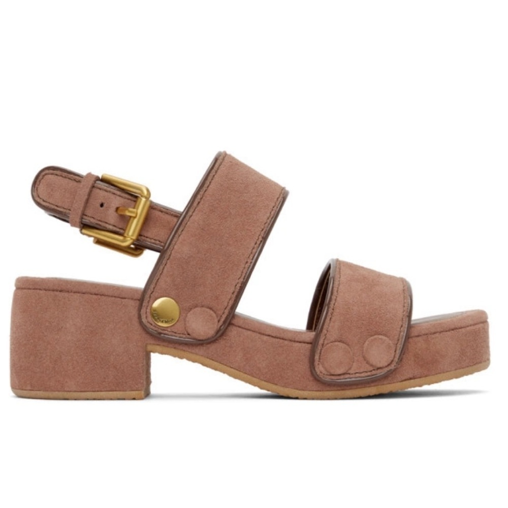 SEE BY CHLOE' l Pink Suede Galy Sandals Chunky Platform Summer Brass Hardware 39 - Picture 13 of 13